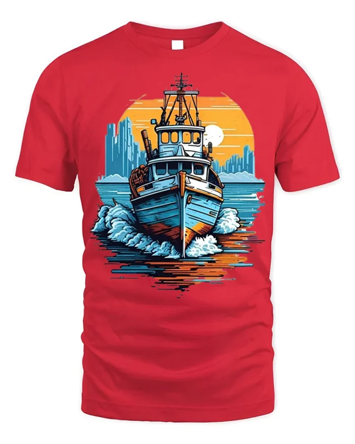 Sunset Boat Adventure T-Shirt Nautical Ocean Graphic - red t-shirt on white background