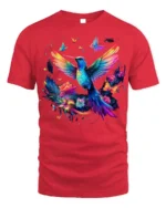 Colorful Hummingbird T-Shirt Floral Butterfly Art - red t-shirt on white background