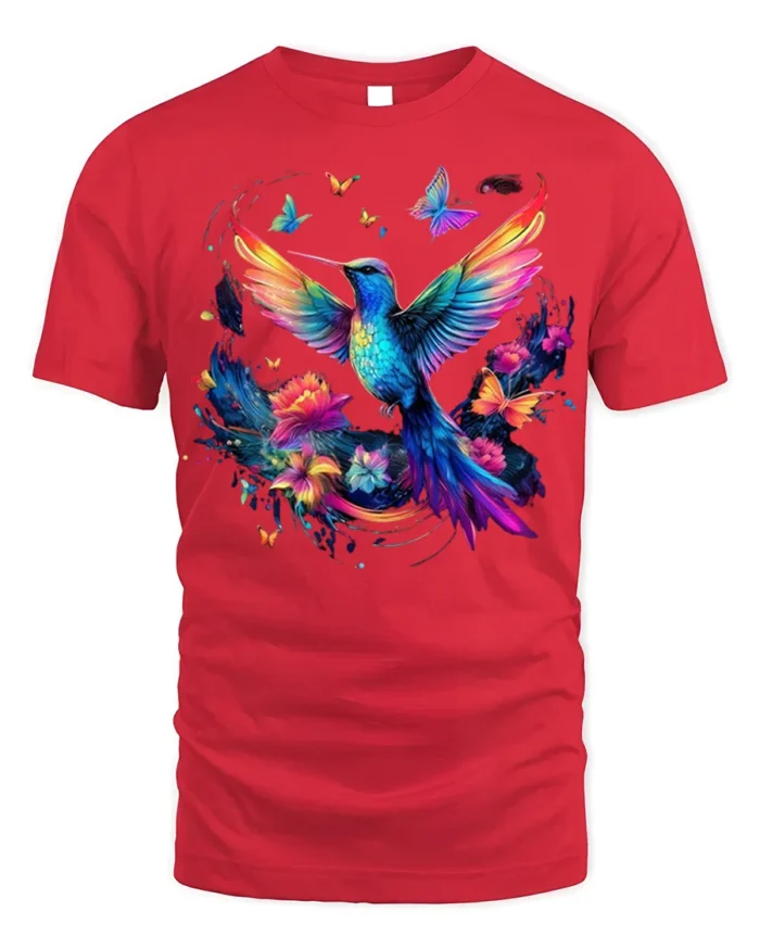 Colorful Hummingbird T-Shirt Floral Butterfly Art - red t-shirt on white background