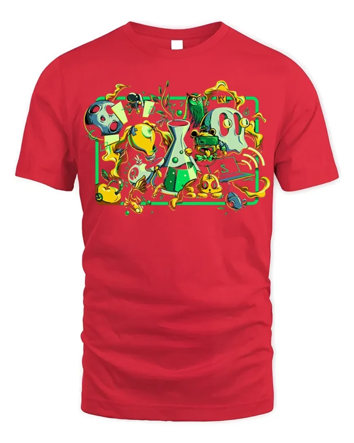 Mad Science Cartoon T-Shirt Fun Chemistry Lab Graphic - red t-shirt on white background