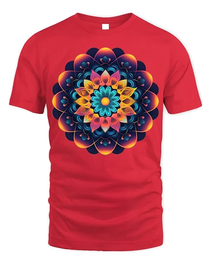 Geometric Mandala T-Shirt Colorful Sacred Flower - red t-shirt on white background