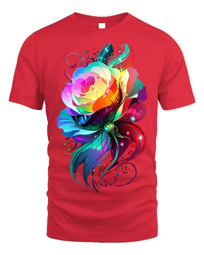 Rainbow Rose Butterfly T-Shirt Colorful Fantasy Art - red t-shirt on white background