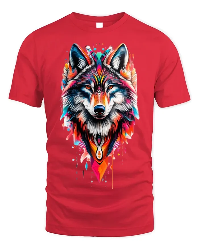 Tribal Wolf T-Shirt Vibrant Spirit Animal Graphic - red t-shirt on white background