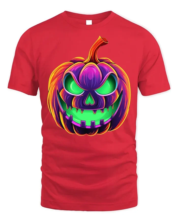Neon Jack-O’-Lantern T-Shirt Scary Halloween Pumpkin - red t-shirt on white background