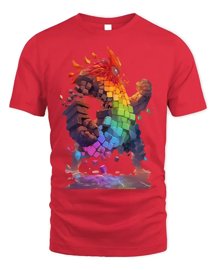 Pixel Golem T-Shirt Rainbow Elemental Fantasy Art - red t-shirt on white background