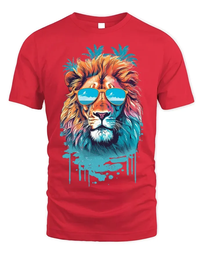 Cool Lion T-Shirt Tropical Sunglasses Animal Graphic - red t-shirt on white background