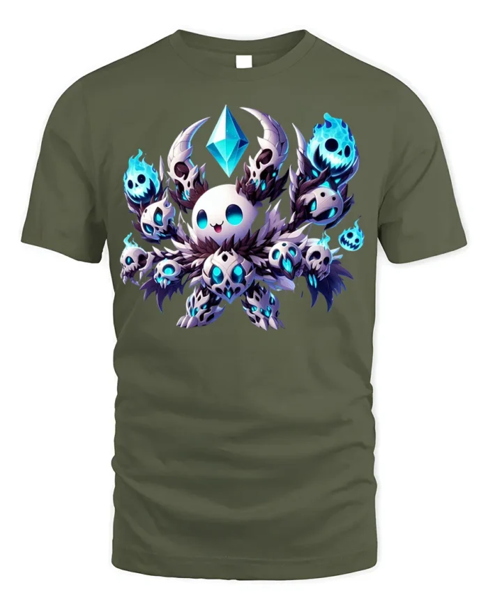 Chibi Skull Mage T-Shirt Cute Dark Fantasy Gaming - military green t-shirt on white background