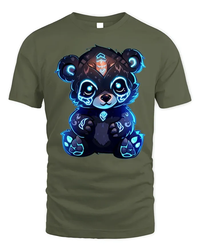 Cyber Glow Panda T-Shirt Cute Futuristic Neon Bear - military green t-shirt on white background