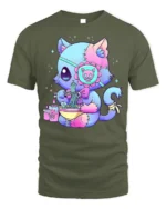 Pastel Goth Cat T-Shirt Cute Kawaii Ramen Anime - military green t-shirt on white background