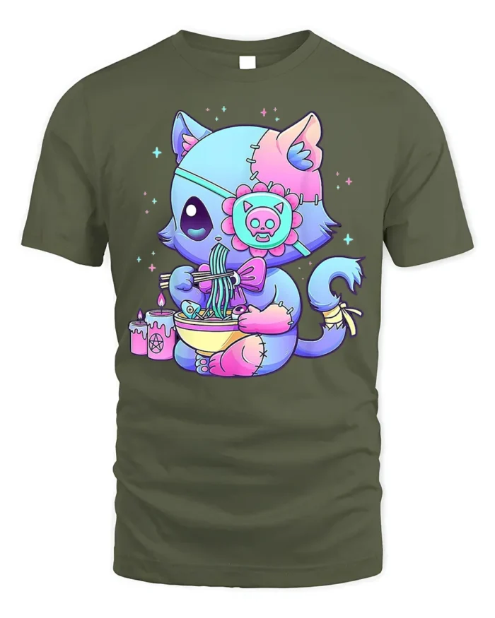 Pastel Goth Cat T-Shirt Cute Kawaii Ramen Anime - military green t-shirt on white background