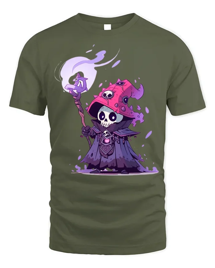 Skeleton Wizard T-Shirt Cute Dark Mage Skull Graphic - military green t-shirt on white background