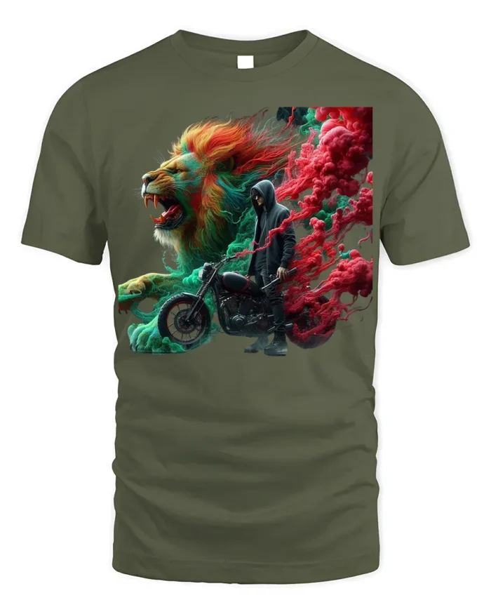 Lions and Smoke Rider T-Shirt Bold Biker Street Art - military green t-shirt on white background