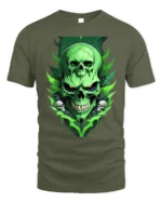 Green Skull T-Shirt Neon Horror Flame Skull Graphic - military green t-shirt on white background