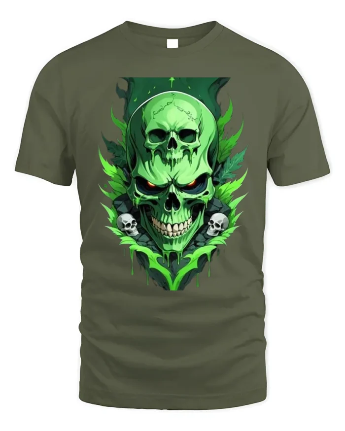 Green Skull T-Shirt Neon Horror Flame Skull Graphic - military green t-shirt on white background