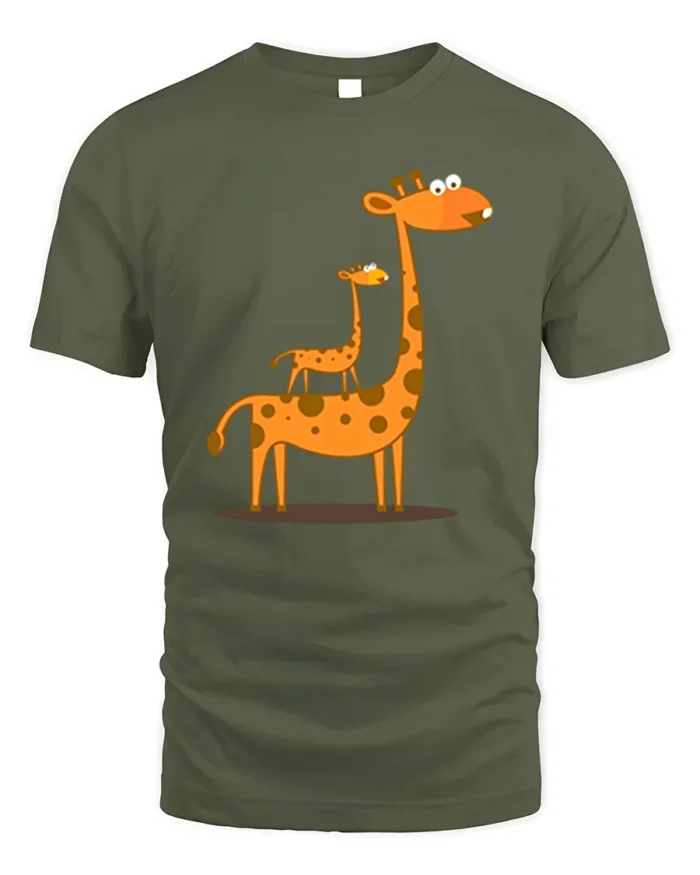 Cute Giraffe Family T-Shirt Funny Cartoon Animal - military green t-shirt on white background