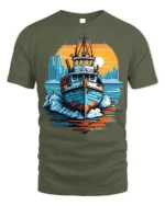 Sunset Boat Adventure T-Shirt Nautical Ocean Graphic - military green t-shirt on white background
