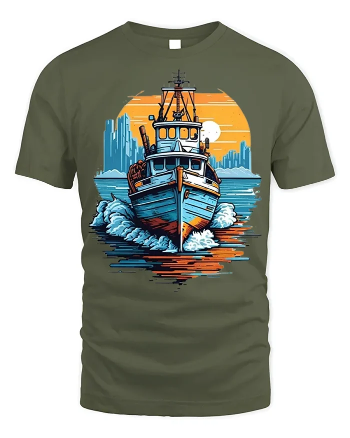 Sunset Boat Adventure T-Shirt Nautical Ocean Graphic - military green t-shirt on white background