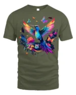 Colorful Hummingbird T-Shirt Floral Butterfly Art - military green t-shirt on white background