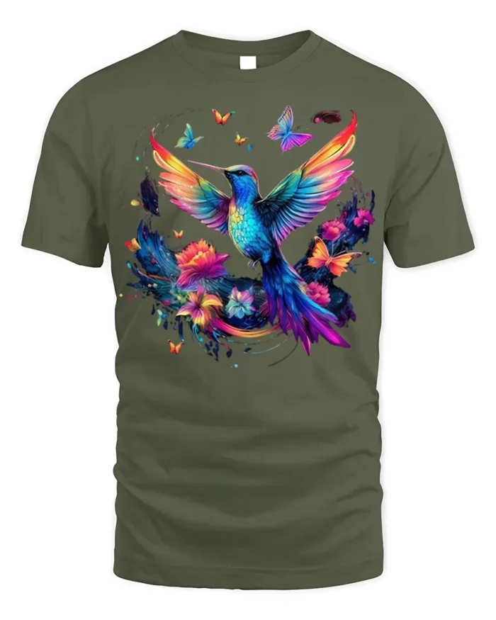 Colorful Hummingbird T-Shirt Floral Butterfly Art - military green t-shirt on white background