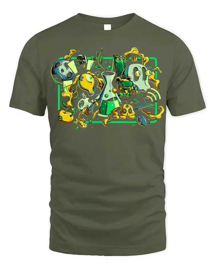 Mad Science Cartoon T-Shirt Fun Chemistry Lab Graphic - military green t-shirt on white background