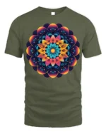 Geometric Mandala T-Shirt Colorful Sacred Flower - military green t-shirt on white background