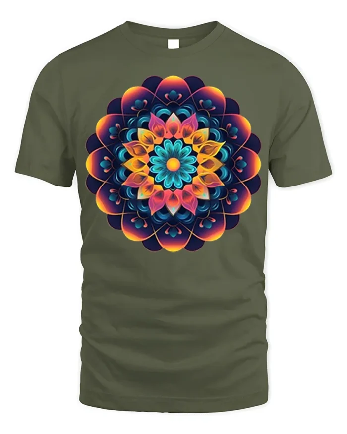 Geometric Mandala T-Shirt Colorful Sacred Flower - military green t-shirt on white background