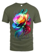 Rainbow Rose Butterfly T-Shirt Colorful Fantasy Art - military green t-shirt on white background