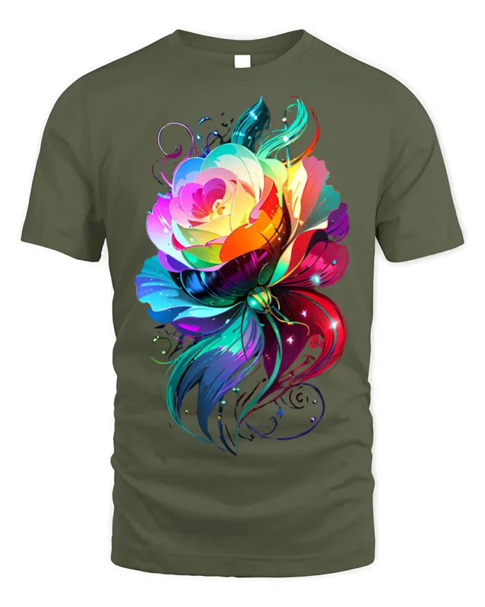 Rainbow Rose Butterfly T-Shirt Colorful Fantasy Art - military green t-shirt on white background