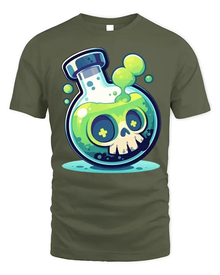 Toxic Skull Potion T-Shirt Fun Cartoon Science Lab - military green t-shirt on white background