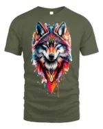 Tribal Wolf T-Shirt Vibrant Spirit Animal Graphic - military green t-shirt on white background