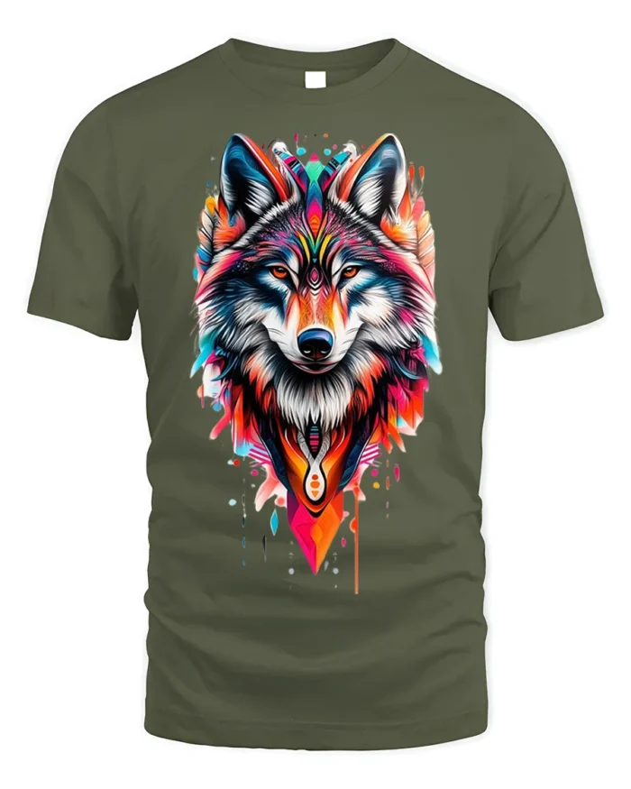 Tribal Wolf T-Shirt Vibrant Spirit Animal Graphic - military green t-shirt on white background