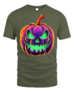 Neon Jack-O’-Lantern T-Shirt Scary Halloween Pumpkin - military green t-shirt on white background