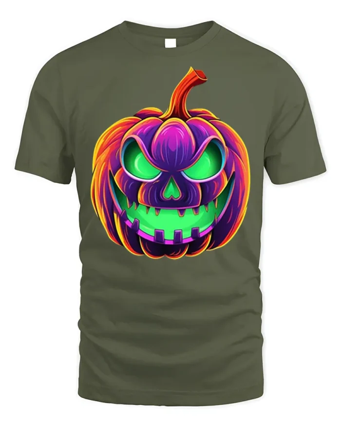 Neon Jack-O’-Lantern T-Shirt Scary Halloween Pumpkin - military green t-shirt on white background