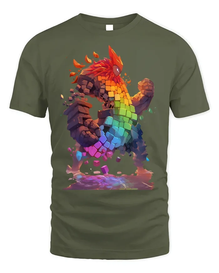Pixel Golem T-Shirt Rainbow Elemental Fantasy Art - military green t-shirt on white background
