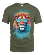 Cool Lion T-Shirt Tropical Sunglasses Animal Graphic - military green t-shirt on white background