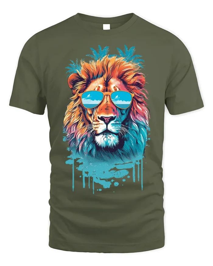 Cool Lion T-Shirt Tropical Sunglasses Animal Graphic - military green t-shirt on white background