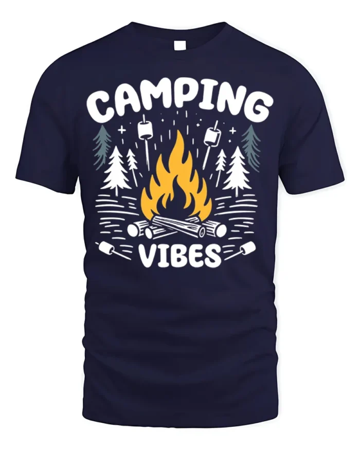 Camping Vibes T-Shirt Bonfire Marshmallow Forest - navy t-shirt on white background