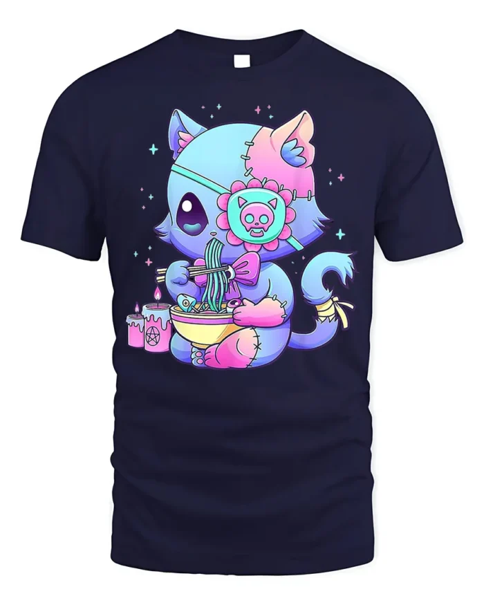 Pastel Goth Cat T-Shirt Cute Kawaii Ramen Anime - navy t-shirt on white background