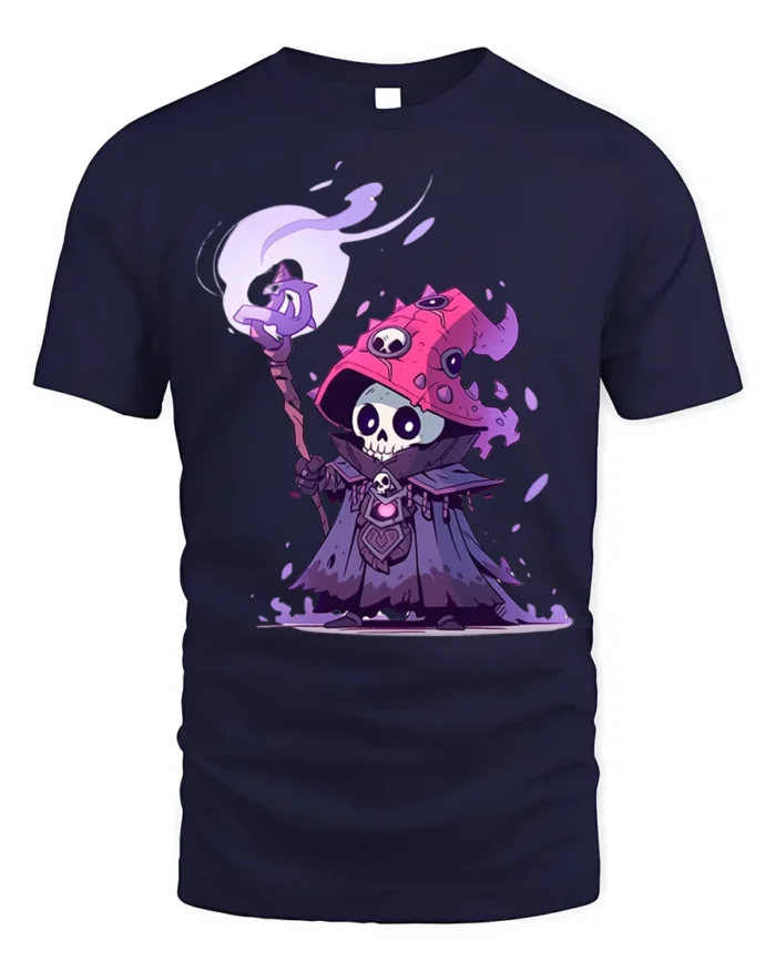 Skeleton Wizard T-Shirt Cute Dark Mage Skull Graphic - navy t-shirt on white background