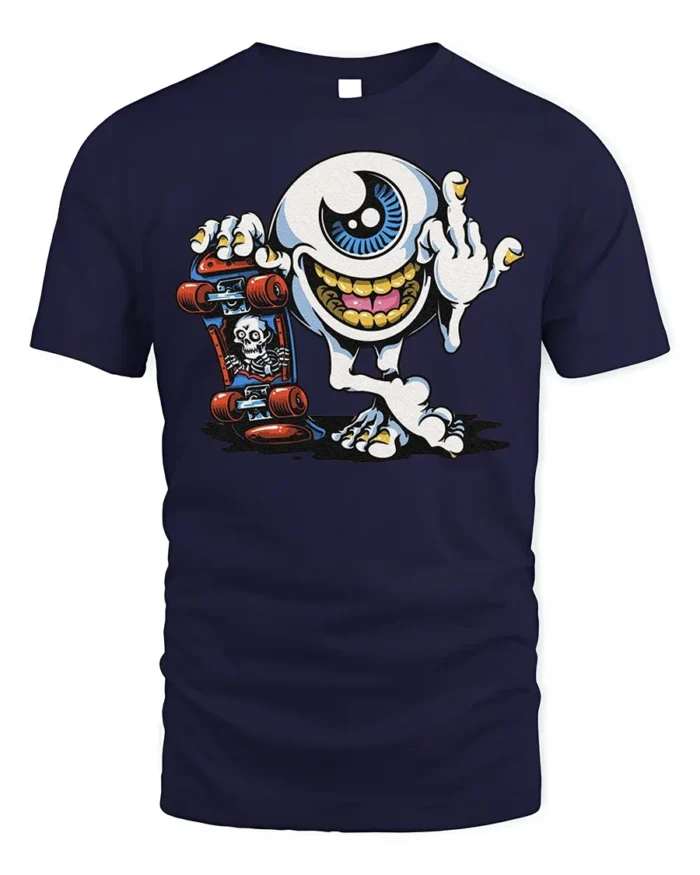 Skater Eyeball T-Shirt Edgy Punk Monster Graphic - navy t-shirt on white background