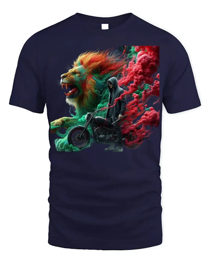 Lions and Smoke Rider T-Shirt Bold Biker Street Art - navy t-shirt on white background