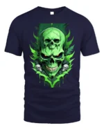 Green Skull T-Shirt Neon Horror Flame Skull Graphic - navy t-shirt on white background
