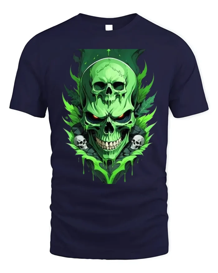 Green Skull T-Shirt Neon Horror Flame Skull Graphic - navy t-shirt on white background
