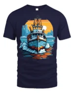 Sunset Boat Adventure T-Shirt Nautical Ocean Graphic - navy t-shirt on white background