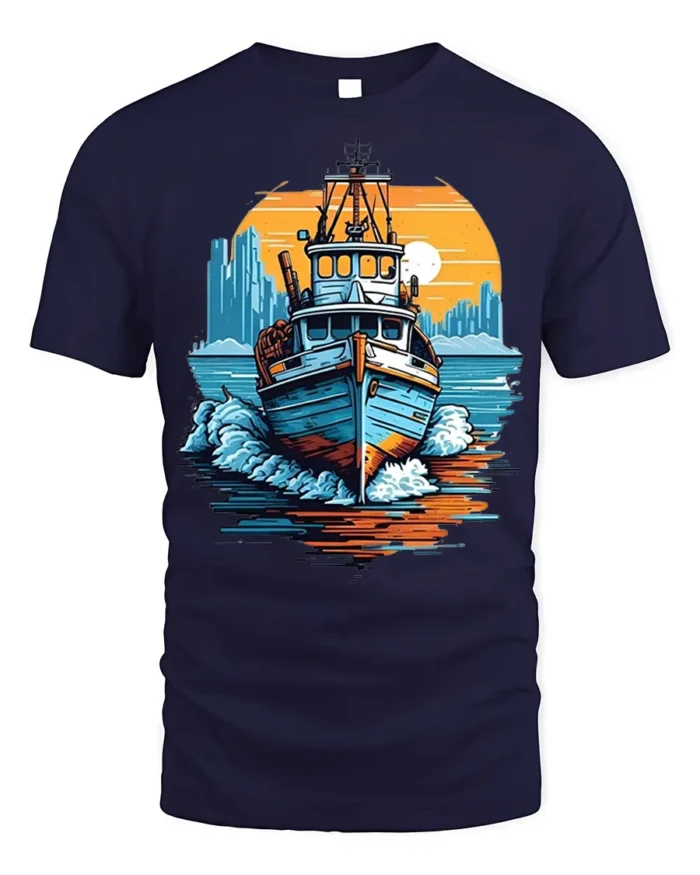 Sunset Boat Adventure T-Shirt Nautical Ocean Graphic - navy t-shirt on white background