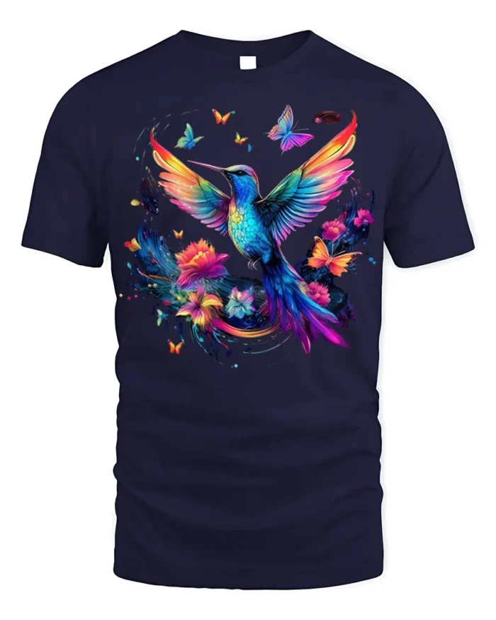 Colorful Hummingbird T-Shirt Floral Butterfly Art - navy t-shirt on white background