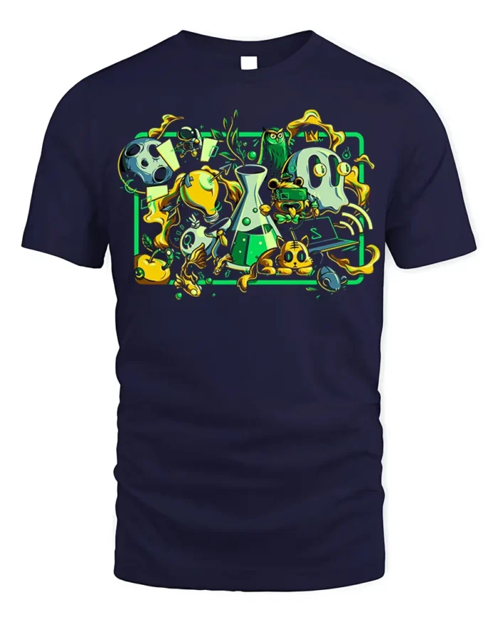 Mad Science Cartoon T-Shirt Fun Chemistry Lab Graphic - navy t-shirt on white background