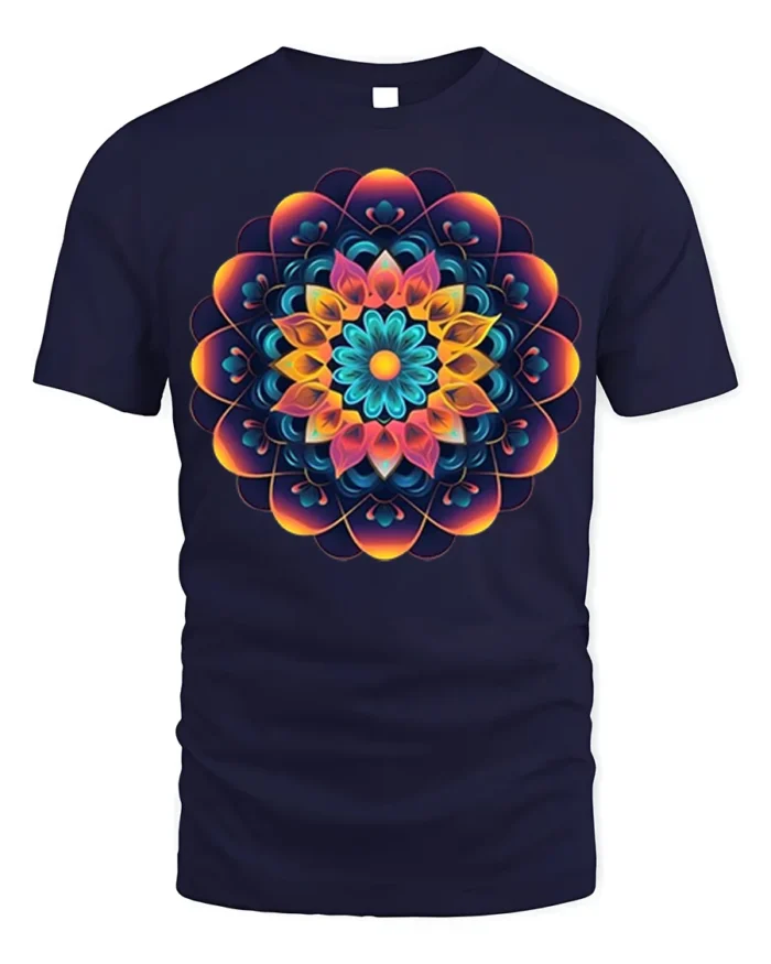 Geometric Mandala T-Shirt Colorful Sacred Flower - navy t-shirt on white background