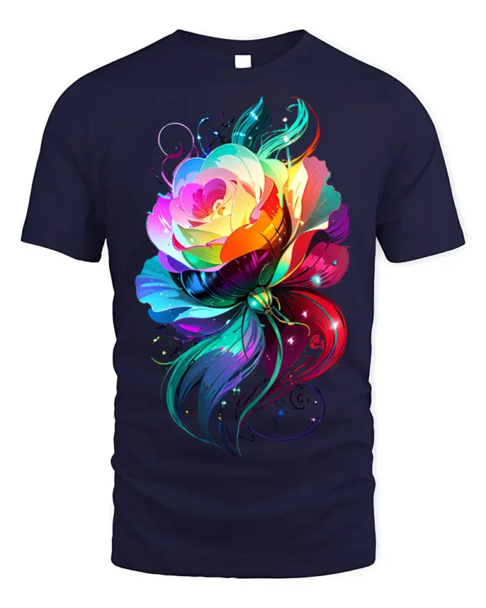Rainbow Rose Butterfly T-Shirt Colorful Fantasy Art - navy t-shirt on white background