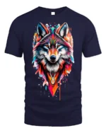 Tribal Wolf T-Shirt Vibrant Spirit Animal Graphic - navy t-shirt on white background